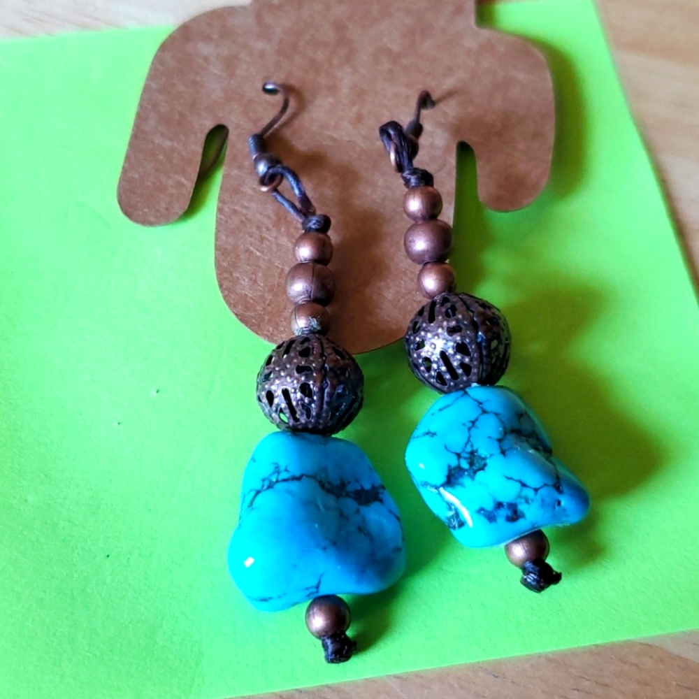 Turquoise and Bronze Beaded Earrings
